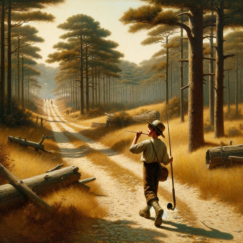 DALL·E 2024-03-12 20.10.02 - Create an image that mimics the style of an 1850s oil painting, featuring a boy whistling while walking away from the viewer, with a fishing rod slung.webp
